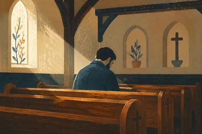 Man Praying Alone in Quiet Chapel Pew