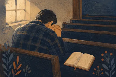 Man Praying Alone in Church Pew