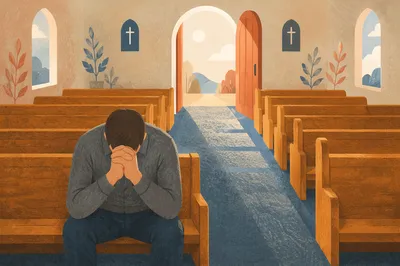 Man Praying Alone in Quiet Chapel