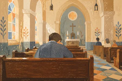 Man Praying Alone in Church Pew