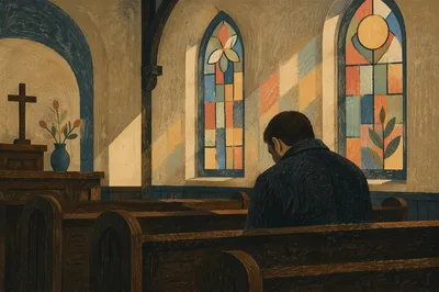 Solitary Man Praying in Church Pew