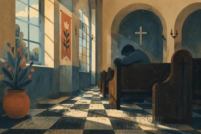 Solitary Prayer in Historic Church Pew