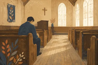 Solitary Man Praying in Wooden Chapel