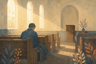 Man Praying Alone in Quiet Chapel Pew