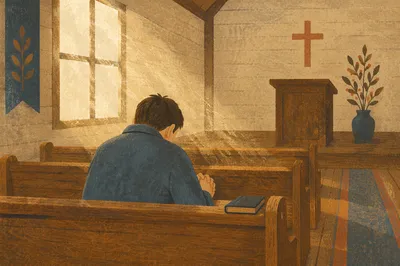 Man Praying Alone in Wooden Chapel Pew