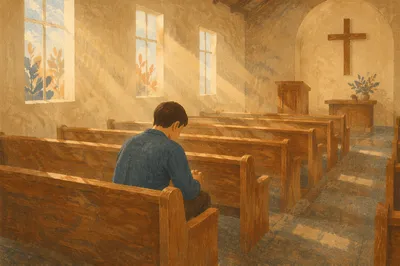 Solitary Man Praying in Empty Chapel