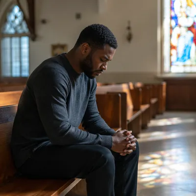 Young Man Sitting Alone in Church Pew