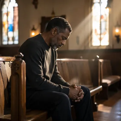 Man Seated Alone in Sunlit Chapel