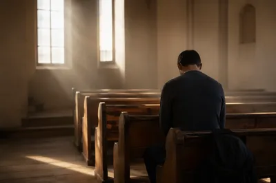 Man Praying Alone in Quiet Chapel