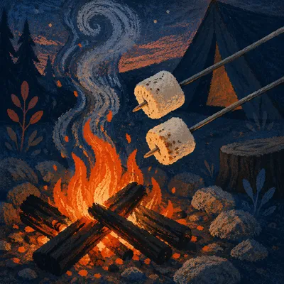 Marshmallows Roasting Over Campfire at Dusk