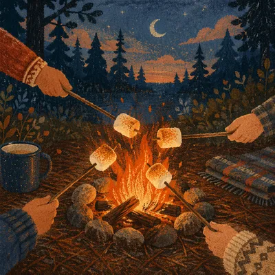 Cozy Marshmallows Roasting at Twilight Campfire