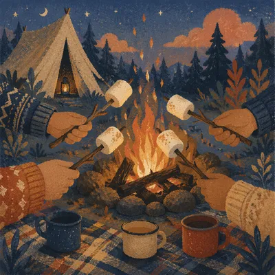 Marshmallows Roasting by Campfire at Dusk