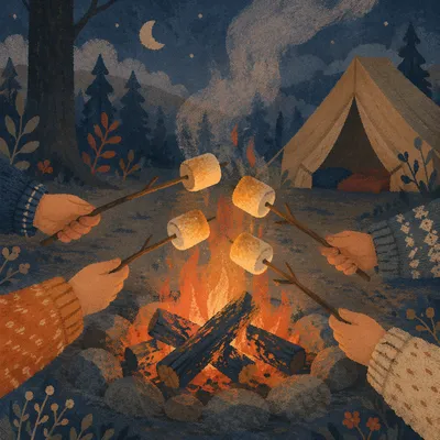 Marshmallows Roasting by Forest Campfire at Dusk