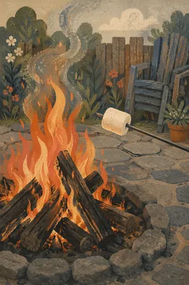 Marshmallow Roasting Beside Backyard Campfire Flames