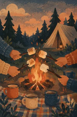Marshmallows Roasting by Campfire at Dusk