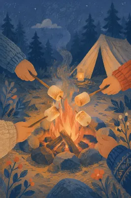 Marshmallows Roasting by Campfire at Blue Hour