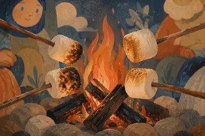Roasting Marshmallows Over Cozy Campfire Flames