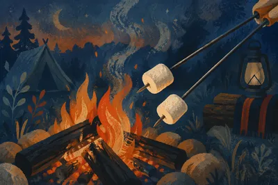 Marshmallows Roasting Over Campfire at Dusk