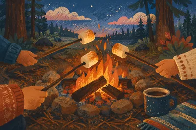 Cozy Marshmallows Roasting by Twilight Campfire
