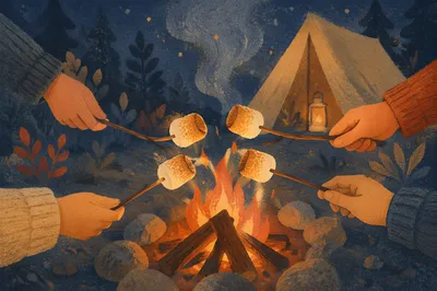 Marshmallows Roasting by Forest Campfire at Dusk