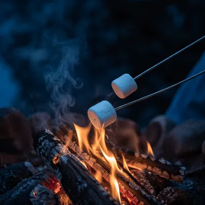 Marshmallows Roasting Over Campfire at Dusk