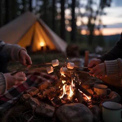 Marshmallows Roasting by Campfire at Dusk