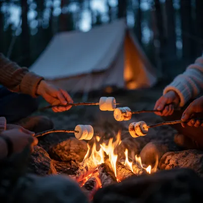 Marshmallows Roasting by Campfire at Blue Hour