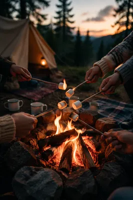 Marshmallows Roasting by Campfire at Dusk