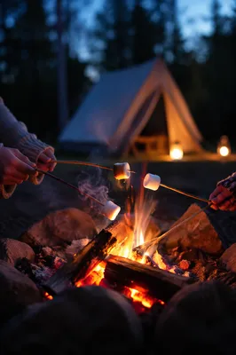 Marshmallows Roasting at Forest Campfire Twilight