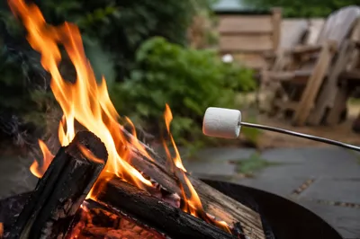Marshmallow Roasting Beside Backyard Campfire Flames