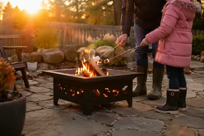 Marshmallows Roasting by Backyard Campfire at Sunset