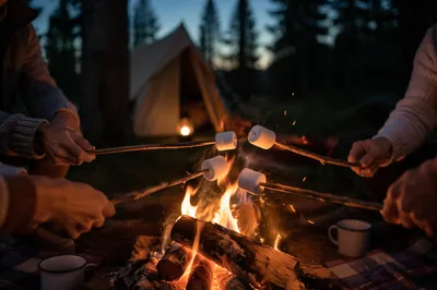 Marshmallows Roasting by Campfire at Dusk