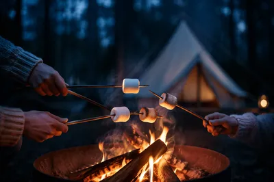 Marshmallows Roasting by Campfire at Blue Hour