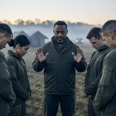 Soldiers Praying with Chaplain at Dawn