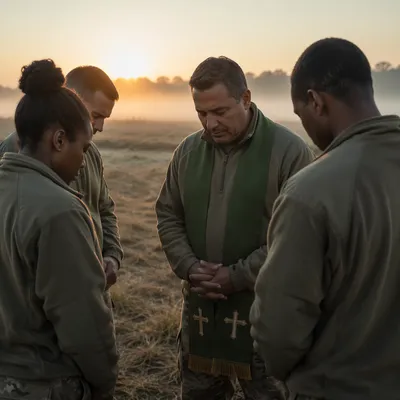Soldiers and Chaplain in Dawn Field