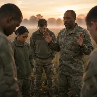 Soldiers and Chaplain Praying at Dawn