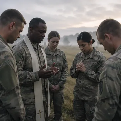 Military Chaplain Praying with Soldiers at Dawn