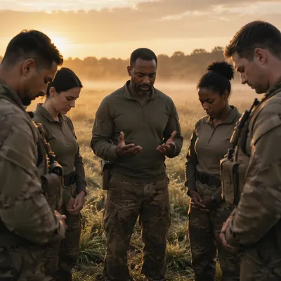 Military Chaplain Praying With Soldiers at Sunrise