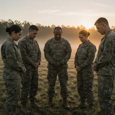 Military Chaplain Praying with Soldiers at Dawn