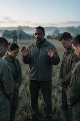Soldiers Praying with Chaplain at Dawn