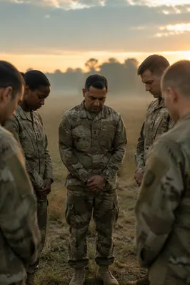 Military Chaplain Praying With Soldiers at Dawn