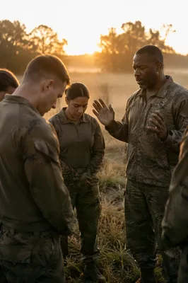 Soldiers Praying with Chaplain at Dawn