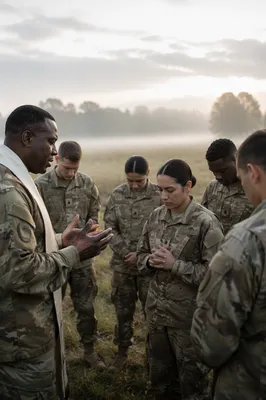 Military Chaplain Praying With Soldiers at Dawn