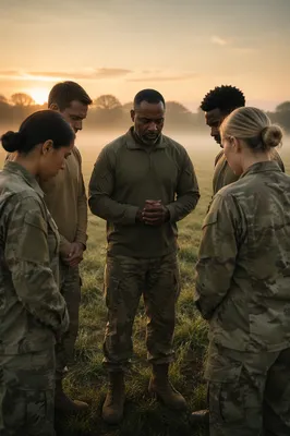 Military Chaplain Praying with Soldiers at Sunrise