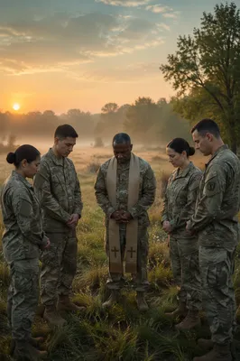 Military Chaplain with Soldiers at Dawn