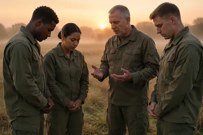 Soldiers and Chaplain Praying at Dawn