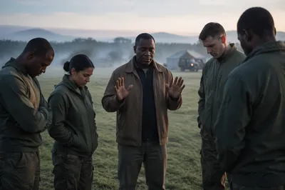Soldiers Praying with Chaplain at Dawn