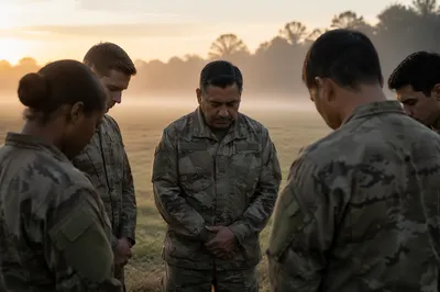Military Chaplain with Soldiers at Dawn