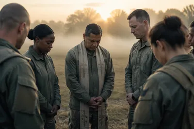 Soldiers and Chaplain in Dawn Field