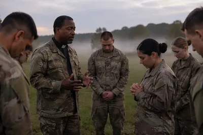 Military Chaplain Praying with Soldiers at Dawn